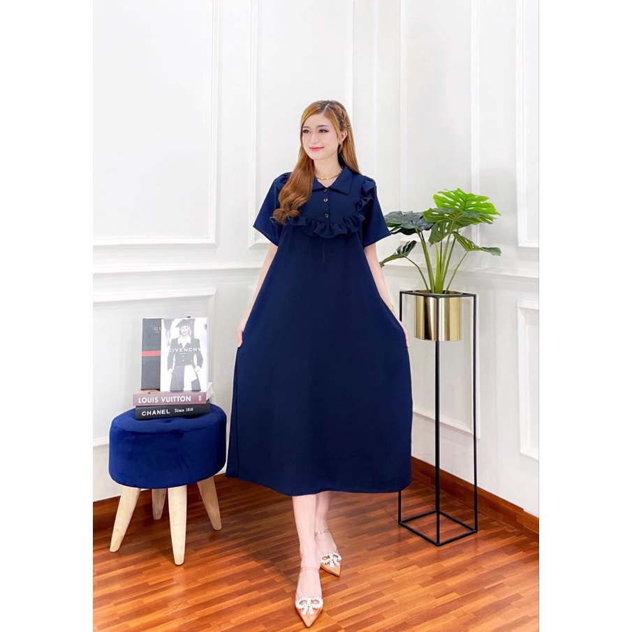 Yuki Dress Wanita Crinkle Airflow Premium Baju Wanita Kekinian Lengan Pendek Maxydress  LD 140 cm