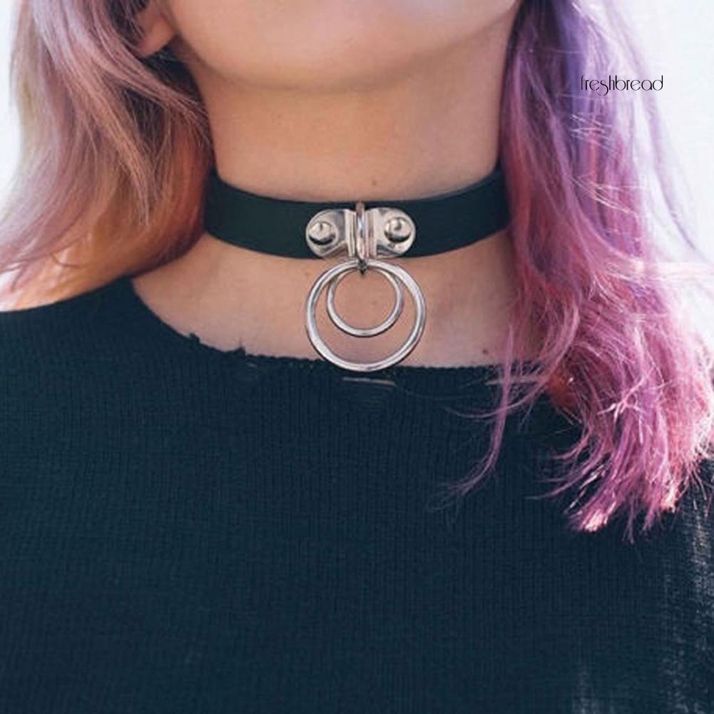 [TERLARIS]Lady Girl Punk Gothic Dual Rings Snap Button Faux Leather Choker Short Necklace