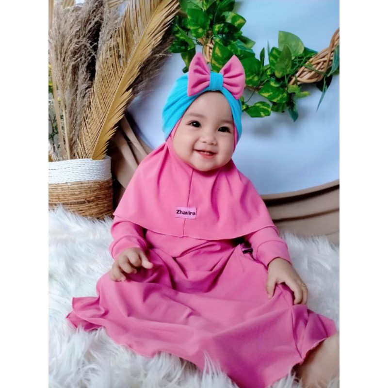 Gamis Polos by Zhavira_Pink turban biru wardah_Gamis baby dan anak