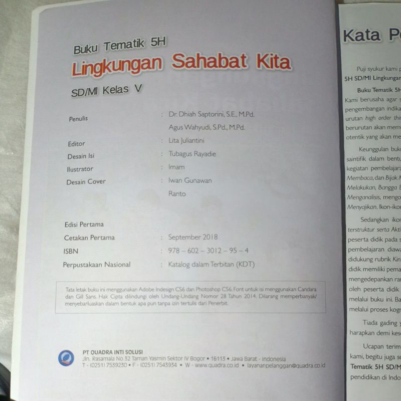 BUKU TEMATIK TERPADU QUADRA 5H &quot;LINGKUNGAN SAHABAT KITA&quot; KELAS 5 SD ( BEKAS )