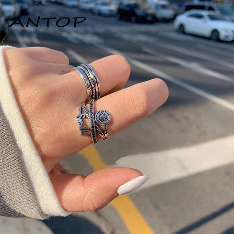 Smiley Surat Cincin Kepribadian Wanita Retro Pembukaan Adjustable Pasangan Cincin Perhiasan  ANTOP