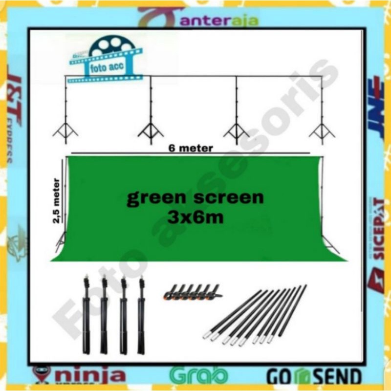 green screen 3x6m lengkap dengan paket stand 2,5x6m