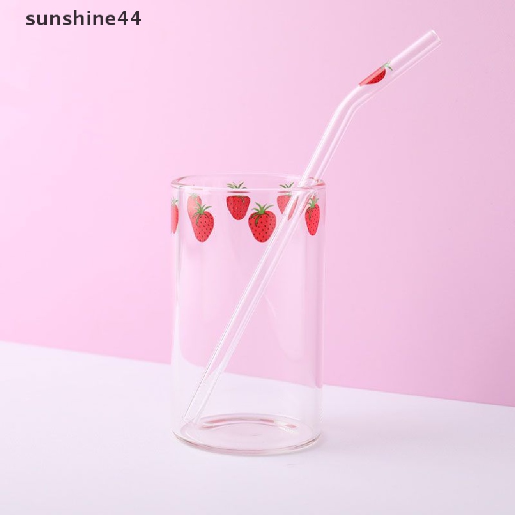 Sunshine Ins Nana Gelas Kopi / Susu / Jus / Smoothie Motif Strawberry Tahan Panas Dengan Sedotan