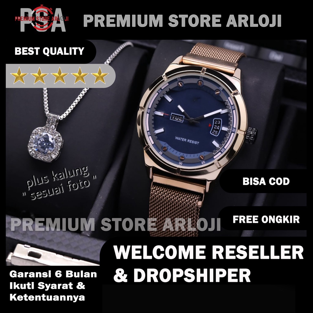 Grosiran Jam Tangan Wanita Fashion 3790TL Analog Tali Rantai Tanggal Hari Aktif Free Kalung &amp; Baterai Cadangan (BISACOD)