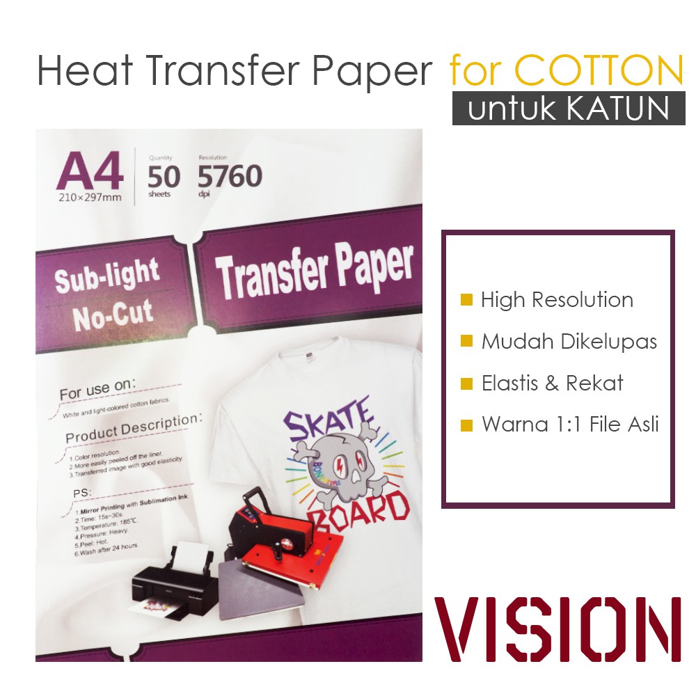 

VISION - Kertas Sublim / Sublimation Paper for Katun / Cotton size A4