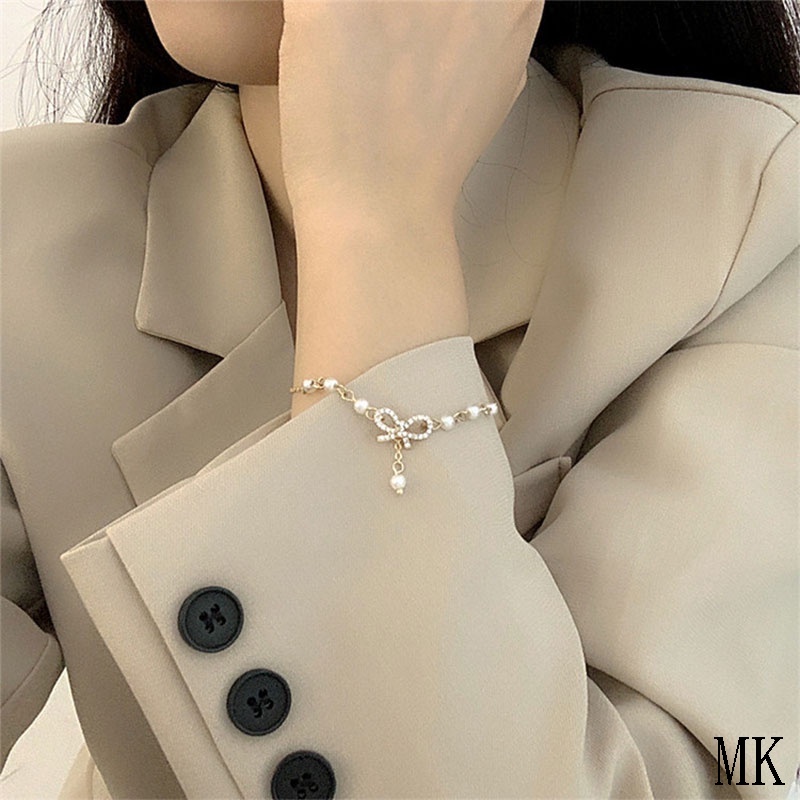Gelang Korea Fashion Busur Mutiara Hias Berlian Imitasi Bangle Liar Aksesoris Fashion MK-1