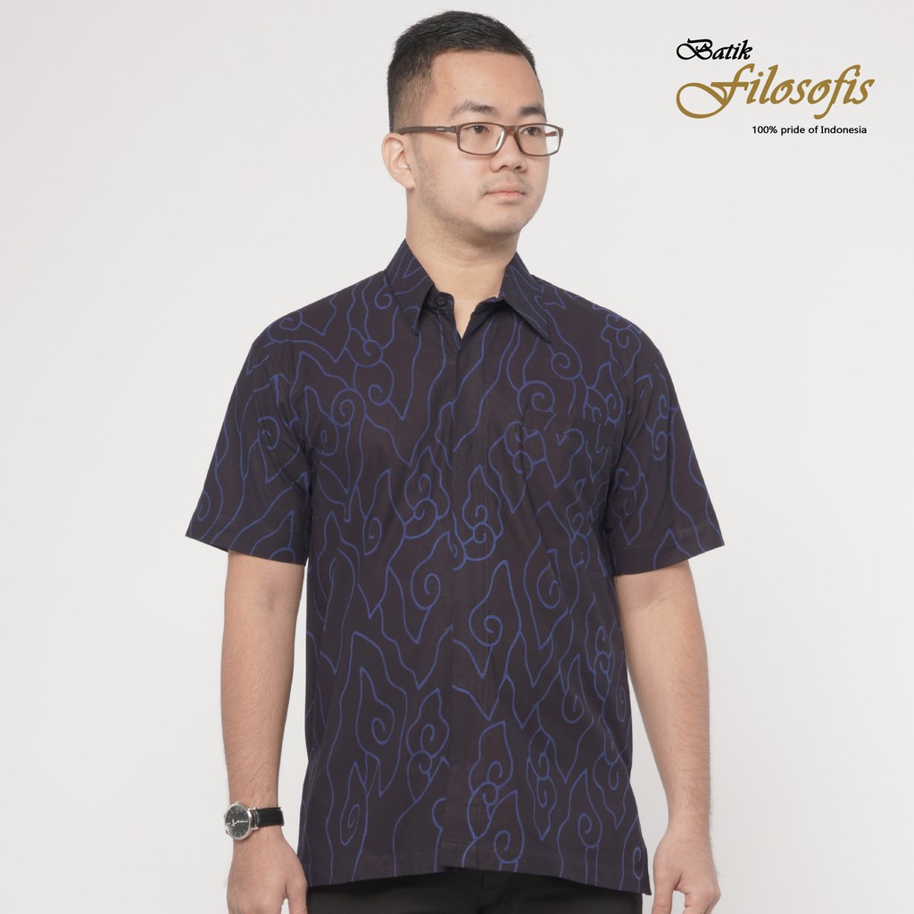 Batik FILOSOFIS PRIA Lengan PENDEK ASLI ORI dan MODERN - MEGA MENDUNG TULIS - NAVY BLUE (MT1-NB)
