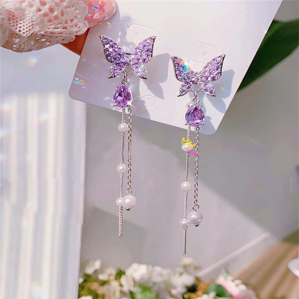 Anting Rantai Panjang Menjuntai Desain Nanas Butterfly Aksen Mutiara Shiny Warna Ungu Silver Untuk Wanita