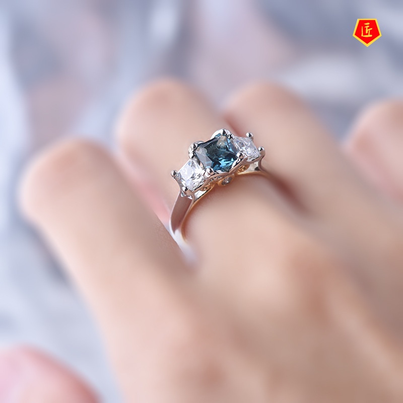 [Ready Stock]14K Gold Two-Color Navy Blue Topaz Square Diamond Ring for Women