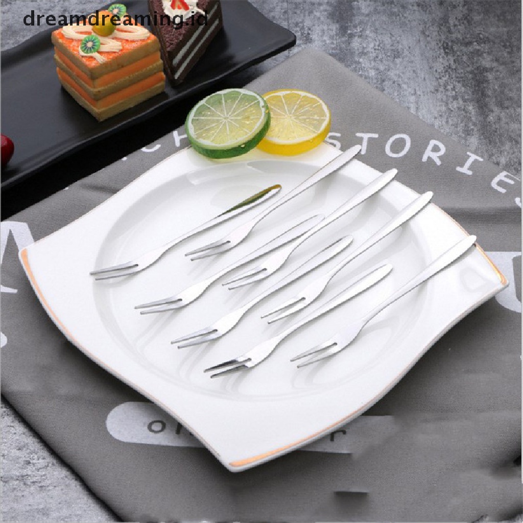 (Dreamdreaming.Id) 6pcs Garpu Dua Gigi Bahan Stainless Steel Untuk Buah / Kue / Dessert