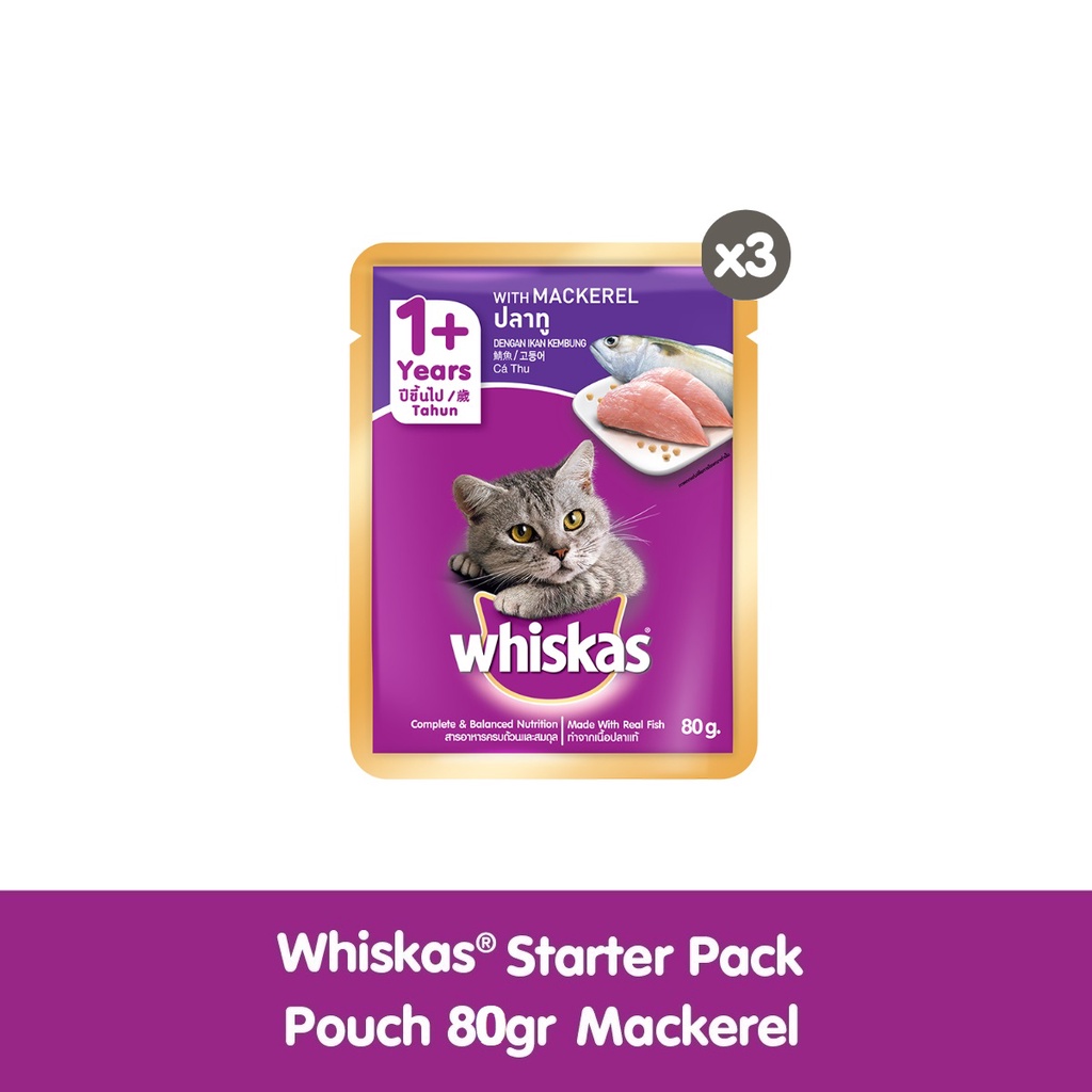WHISKAS® Makanan Kucing Basah Pouch Adult Starter Pack rasa Mackerel 80gr - Isi 3