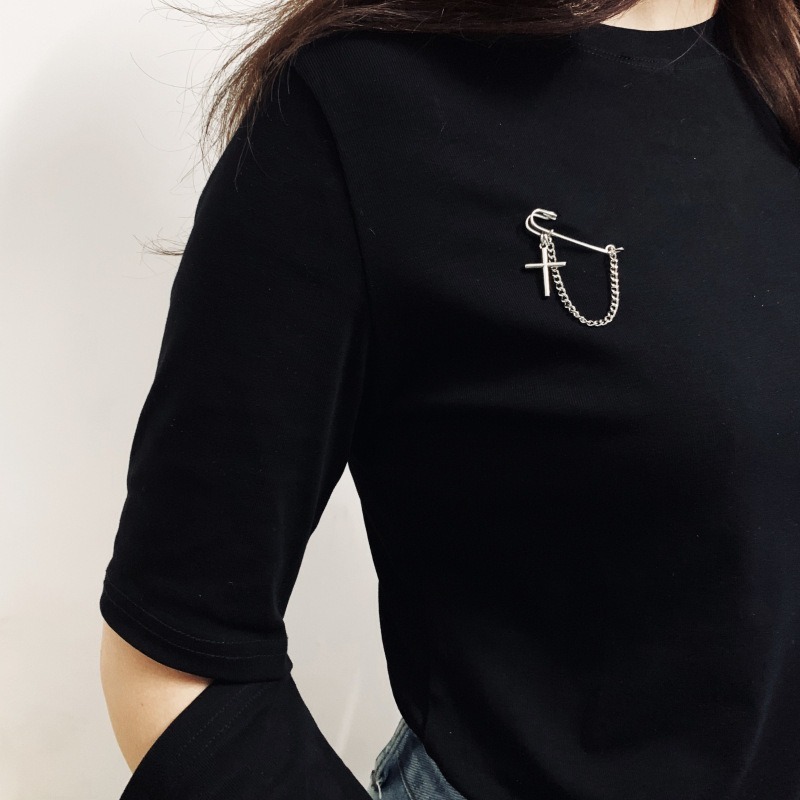 We Flower Bros Pin Bentuk Salib Aksen Rantai Warna Silver Gaya Punk Eropa-1