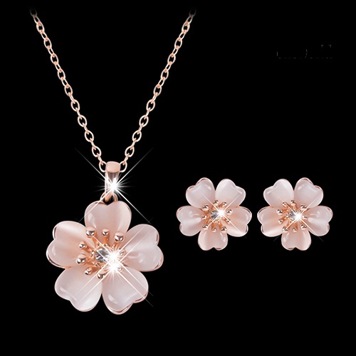 OW@ 2Pcs Fashion Women Faux Opal Flower Pendant Necklace Stud Earrings Jewelry Set