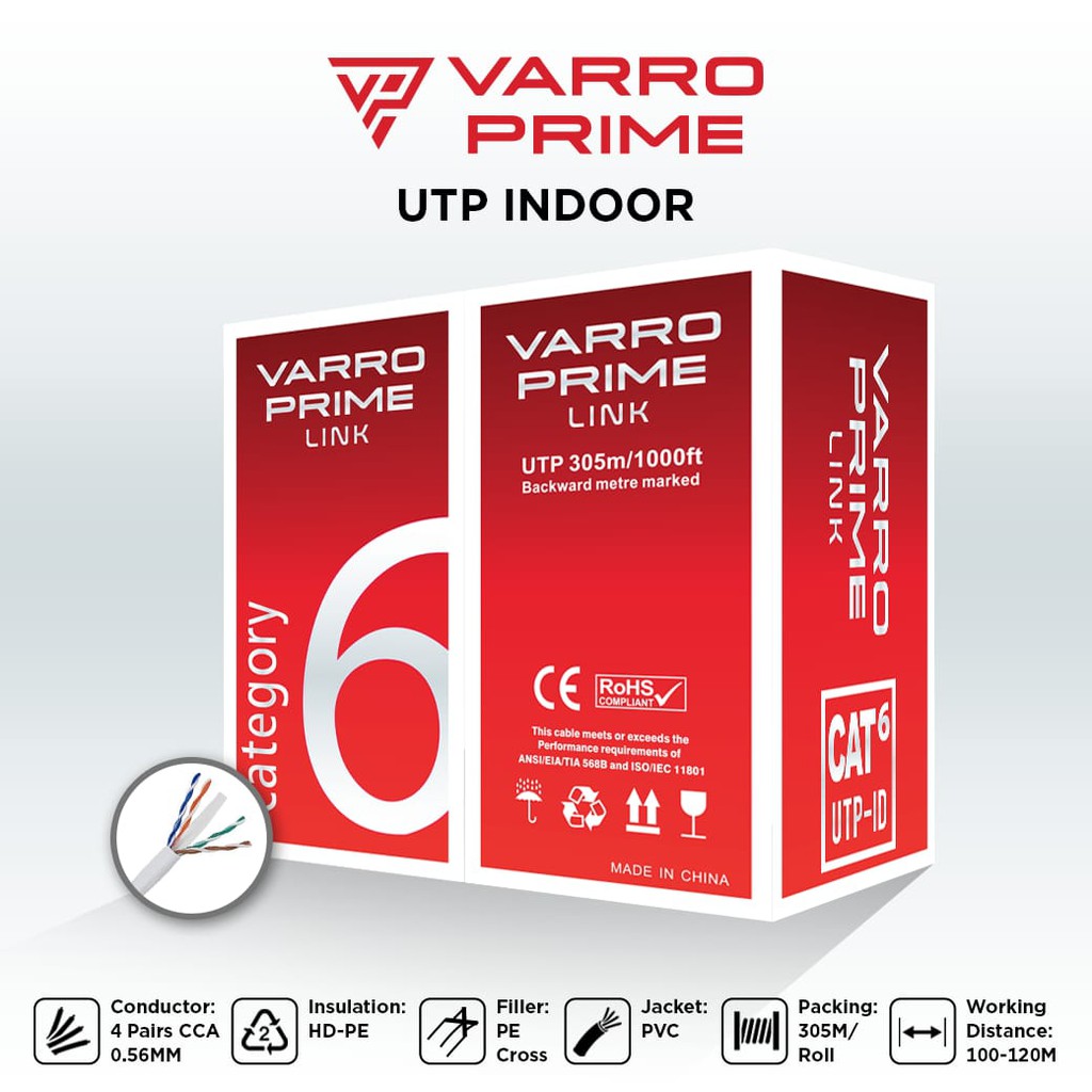 Cable lan roll varro prime link cat6 utp indoor 305m - Kabel rj45 cat 6 305 meter