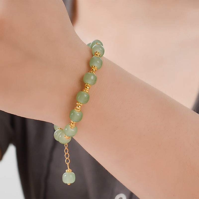 Gelang Giok Hetian Imitasi Desain Daun Clover Gaya Cina Retro Untuk Aksesoris Perhiasan