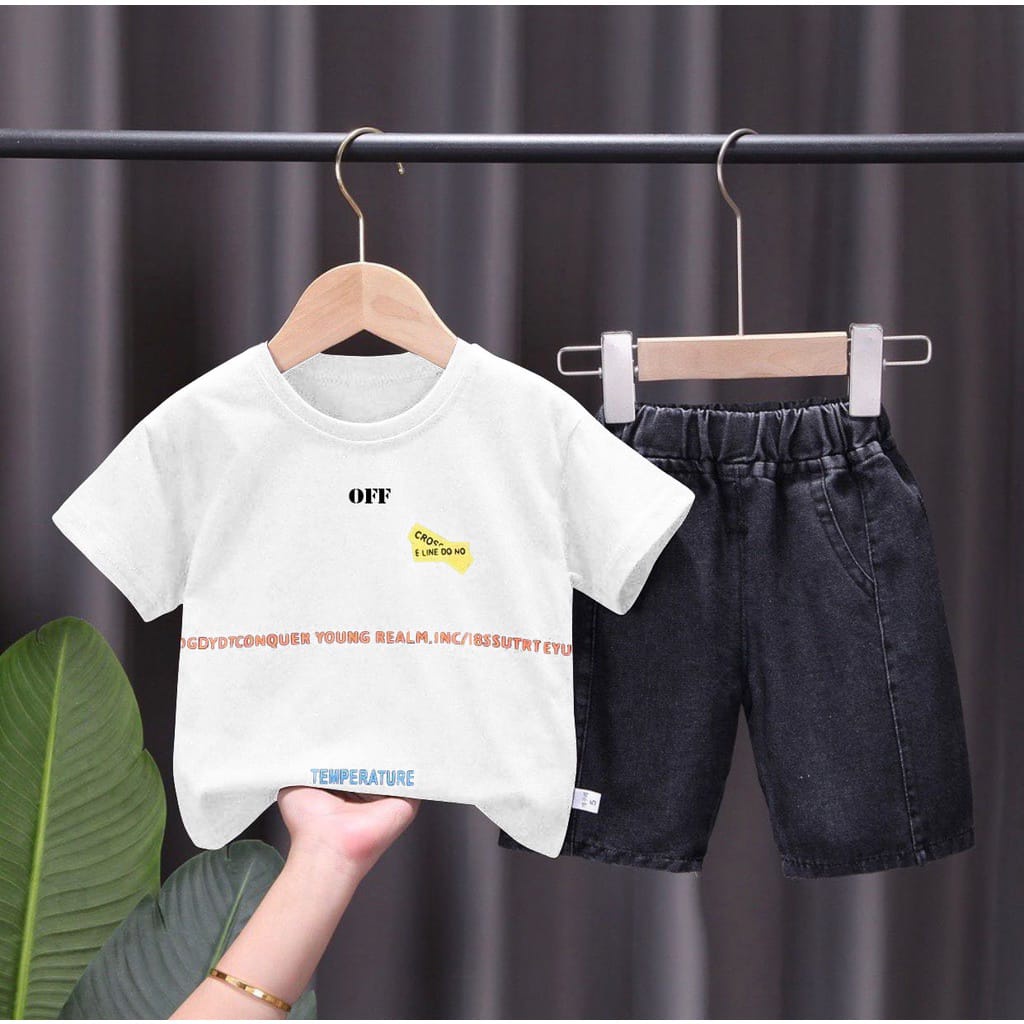 PROMO SETELAN BAJU ANAK LAKI LAKI DAN PERMPUAN TERBARU DAN KEKINIAN CELANA DENIM MOTIF OFFWHITE 1-5 TAHUN