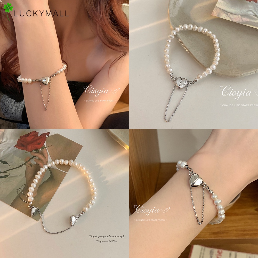 Gelang Rantai Mutiara Magnetik Bentuk Hati Warna Silver Untuk Wanita