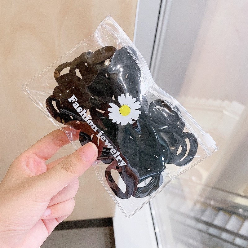 OVERFLOWS.ID 50 Pcs Tali Rambut Donut Dengan Pouch Bunga Daisy Import Ikat Rambut Set Import-Hitam Daisy