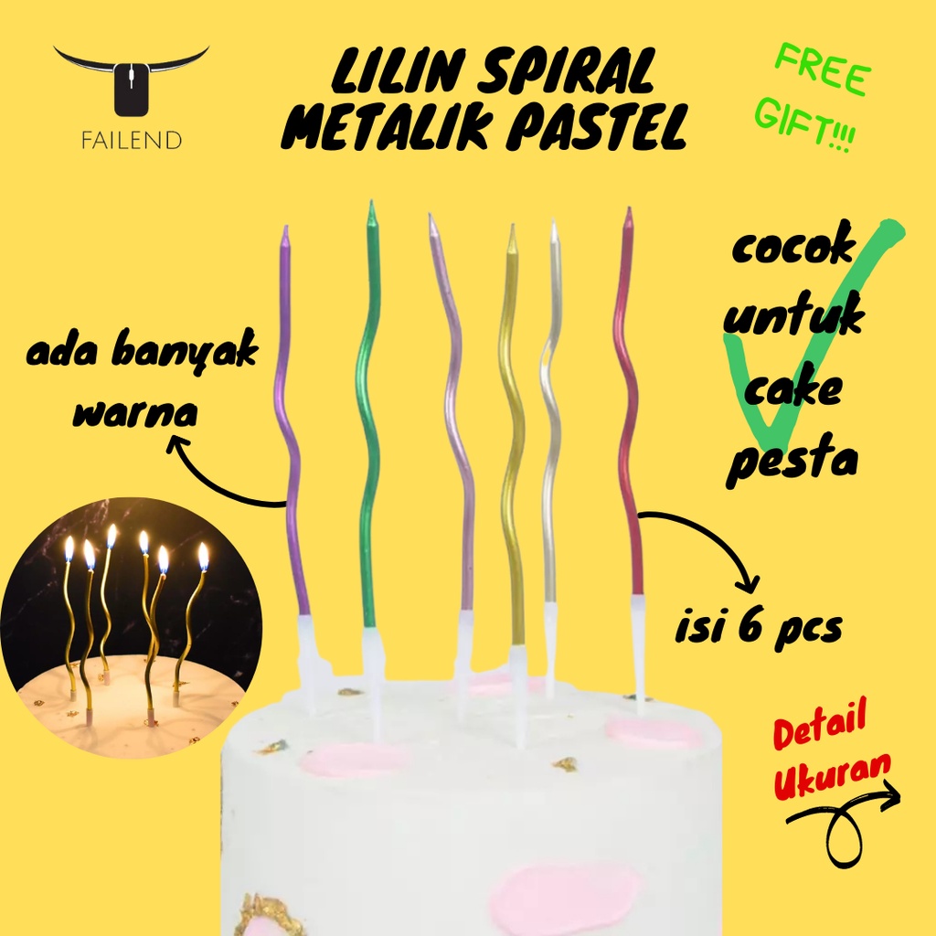 Lilin Spiral Panjang Ulang Tahun Metalik Pastel 6pcs