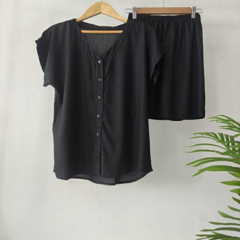 PIYAMA KANCING PENDEK HITS PIYAMA KANCIBG BUSUI | PIYAMA RAYON | HOMEWEAR-PDNK HITAM