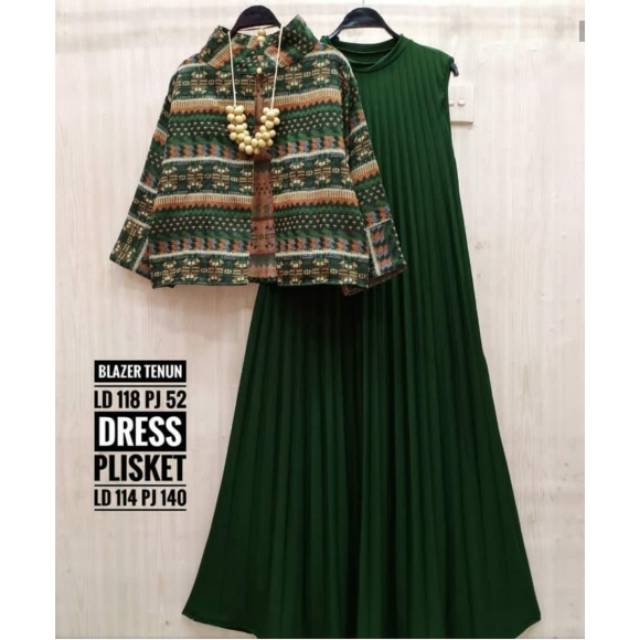 set gamis plisket. blazer tenun