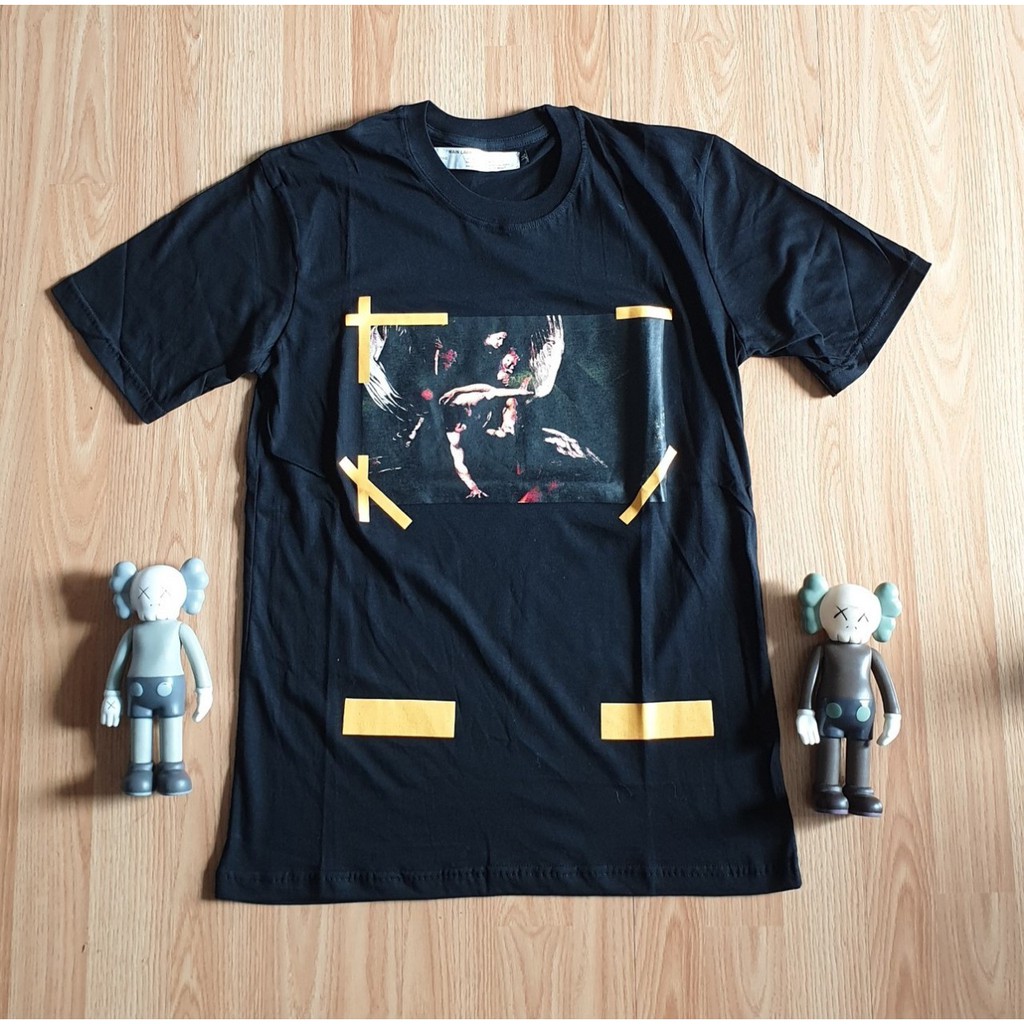 DISTRO KAOS OFF WHITE CARAVAGGIO PAINT YELLOW LINE PREMIUM BLACK