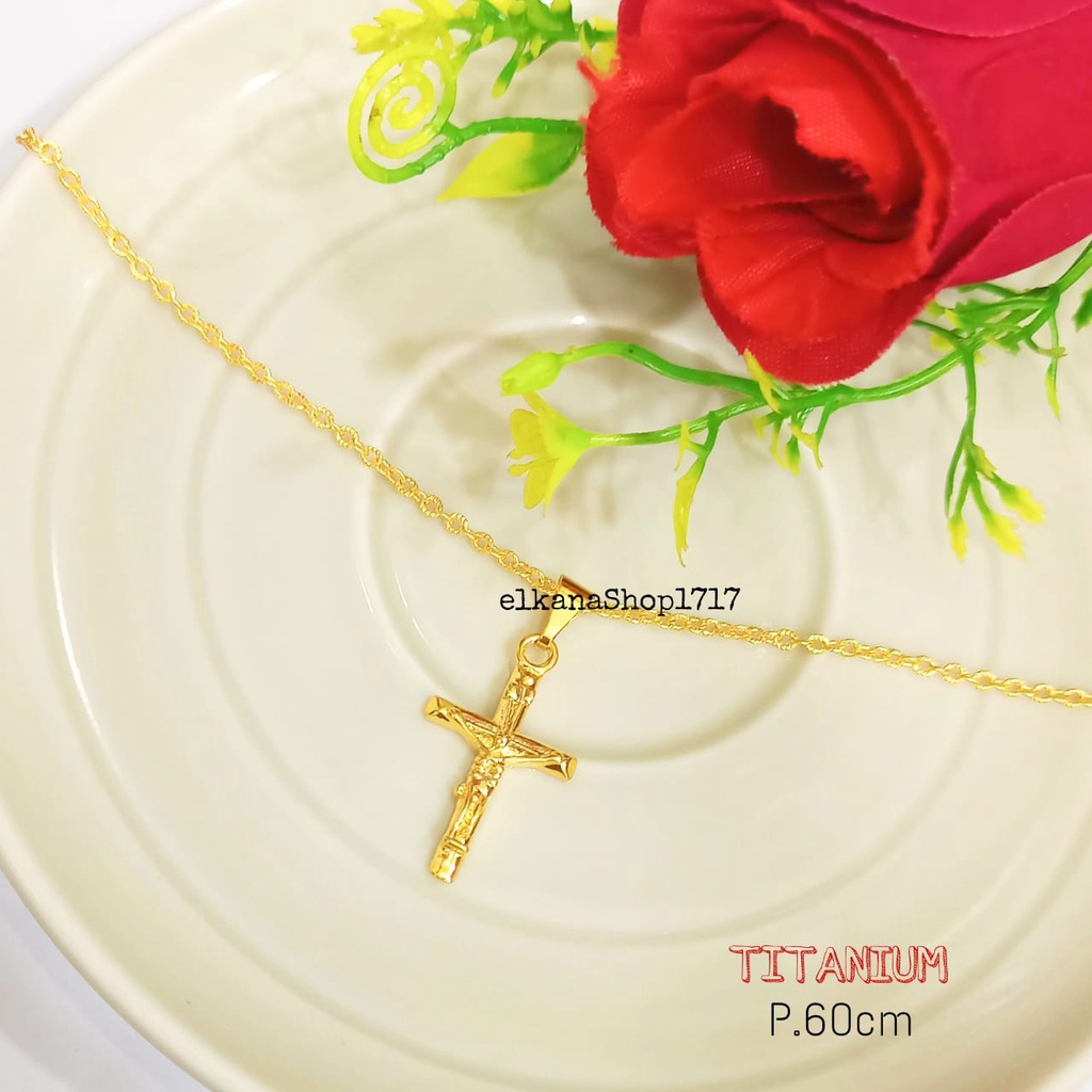 PERHIASAN TITANIUM KALUNG SALIB POLOS UKIR LAPIS EMAS24K ANTI KARAT DAN ANTI LUNTUR