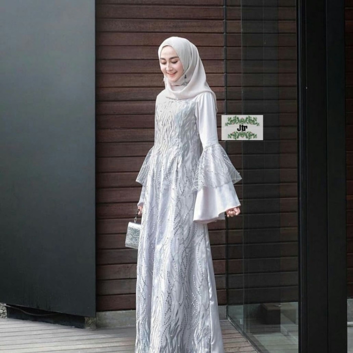 Gamis Brokat Lengan Bell - Biru, M
