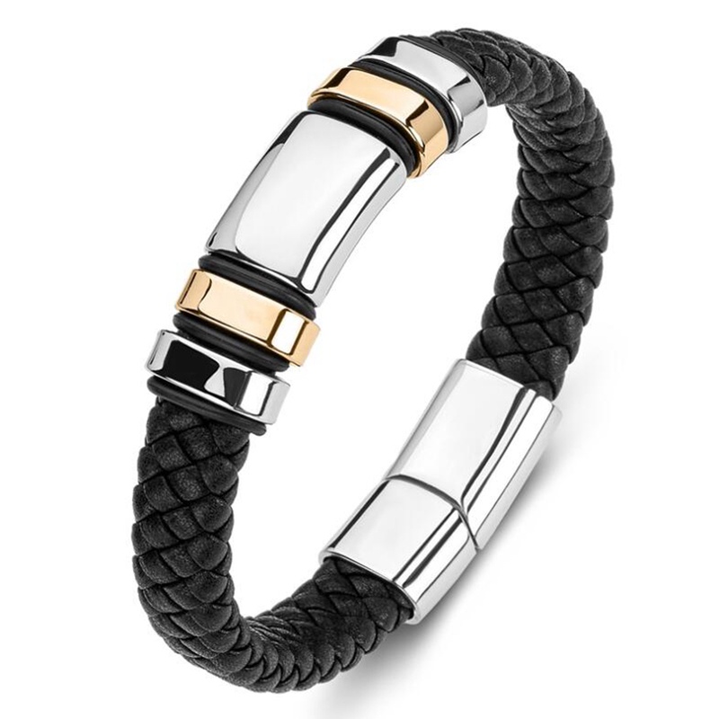 Gelang Bahan Kulit Woven Warna Hitam Dengan Gesper Metal Magnetik Untuk Pria