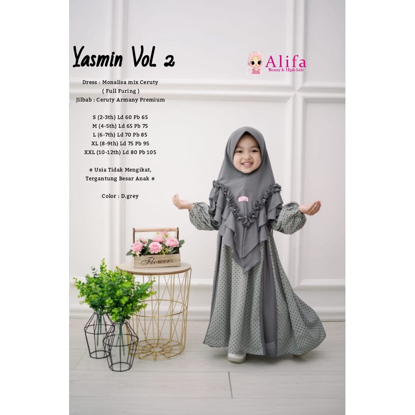 fashion KIDS YASMIN VOL 2 GAMIS SYAR'I FREE HIJAB monalisa mix ceruty (full furing) polkadot lebaran