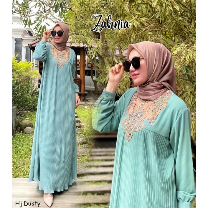 PU Zahnia Dress Plisket Bordir Gamis Polos Plisket Dress Pesta Plisket Gamis Pesta Kondangan - Grey 
