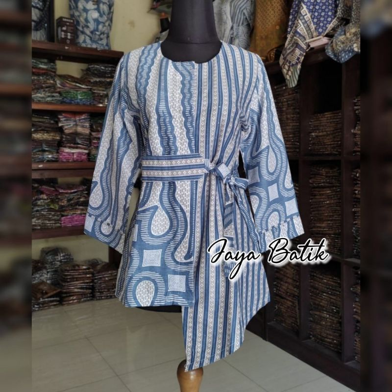 tey-17 Batik wanita ASJ SA HRB026 Kenongo Kemeja Tosca Pendek-KERIS BIRU