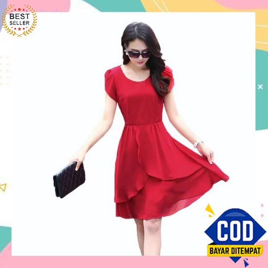 [Fashionin] Dress Yolla Ld 96 / Dress Wanita Ala Korea Lengan Pendek G Midi Dress Sifon Tangan Pende