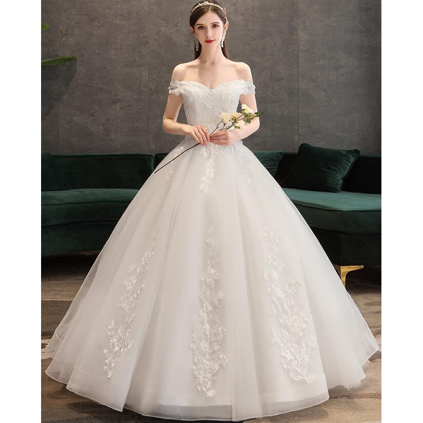 Fashion Wanita Bridal Putih Off Shoulder Renda Berlian Pernikahan Gaun Bridal Ball Gown