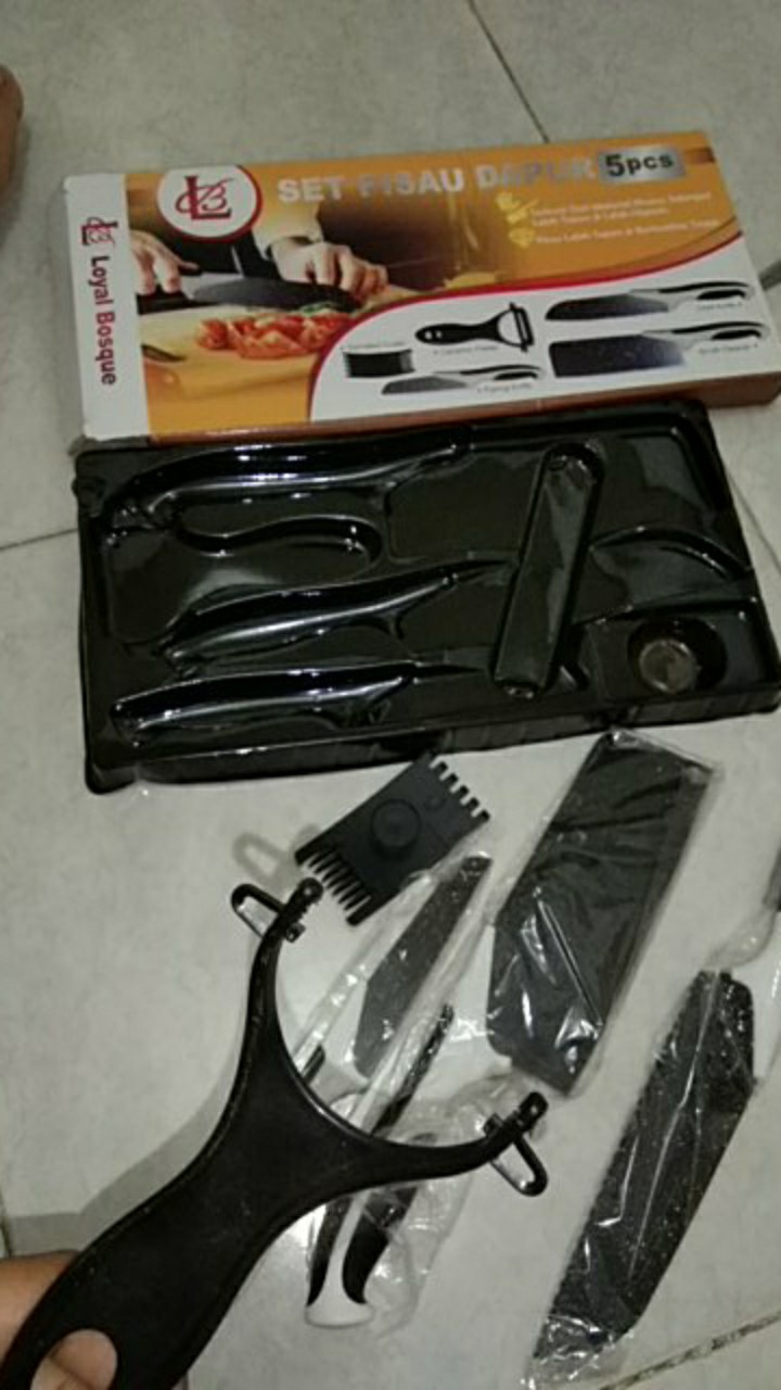 Cod Set 5 Pisau Hitam Chef Knife / Small Cleaver / Paring Knife / Peeler / Serrated Cutter (j13)