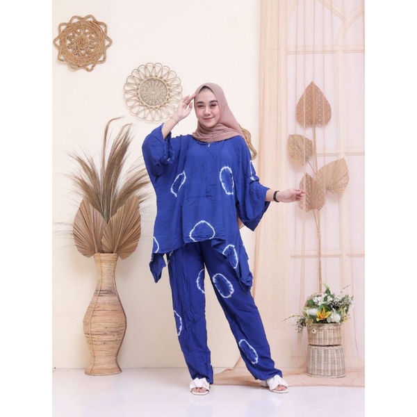 Batwing One Set Wanita Jumbo Rayon Premium Setelan Wanita Batik Waka Waka Lengan 7/8 Set Celana Panjang Kekininan LD 140 cm