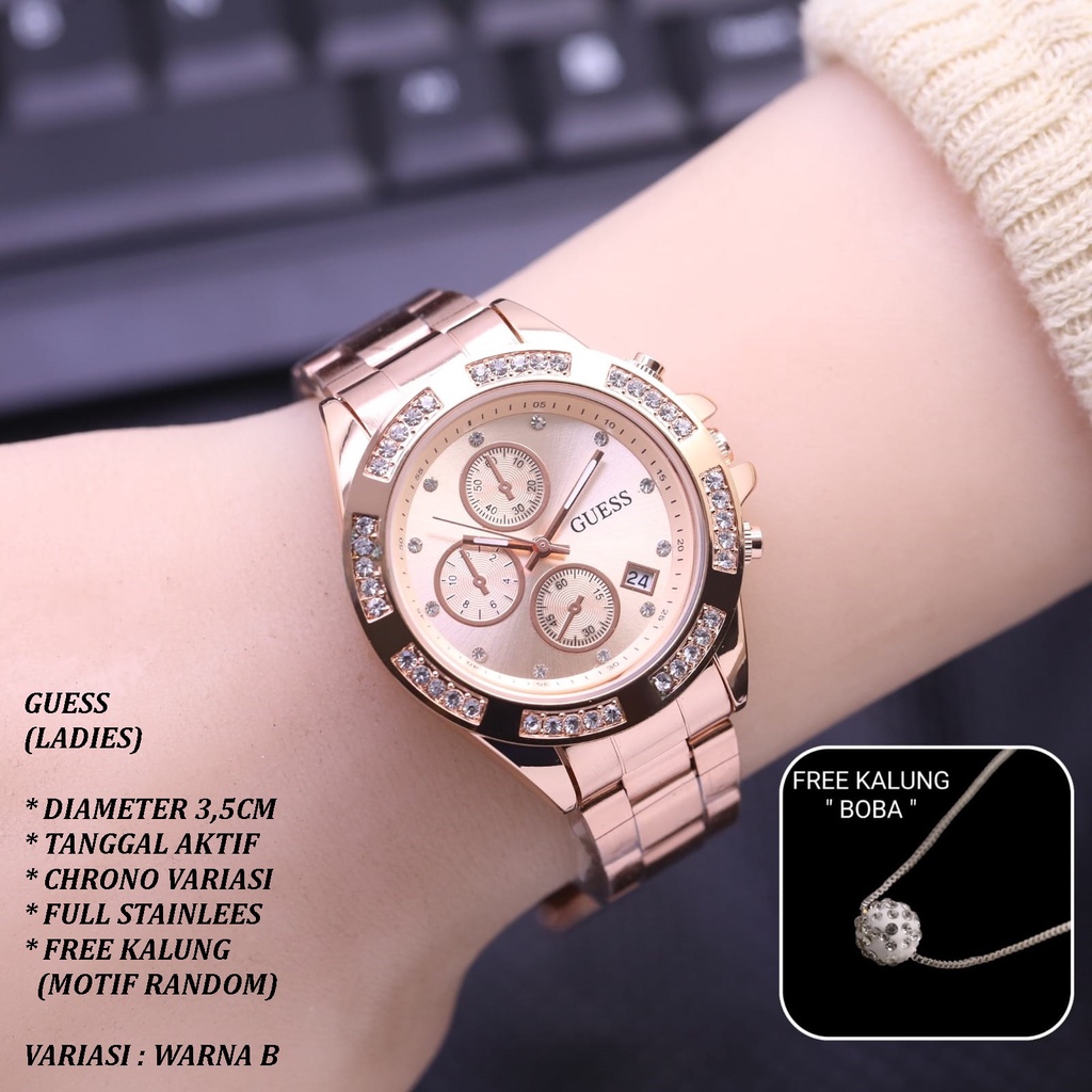 (BISA COD) JAM TANGAN WANITA GUESS RANTAI BODY BULAT TANGGAL AKTIF FREE KALUNG