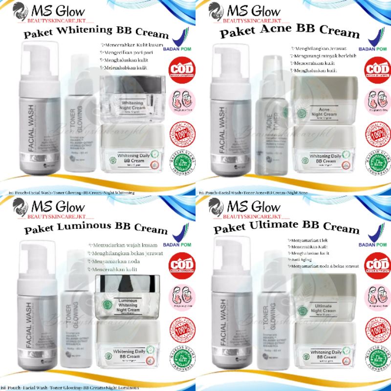 MS GLOW PAKET WAJAH BB CREAM / WHITENING SERIES / LUMINOUS / ULTIMATE / PAKET ACNE BB CREAM