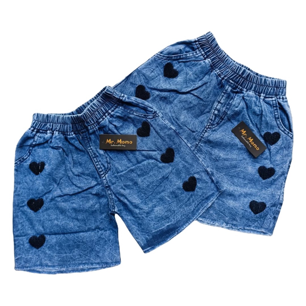 Hotpant Anak Motif Love Rawis- Celana Pendek Jeans Korean style untuk umur 7-13 Tahun