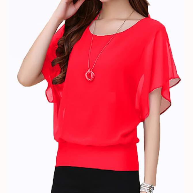 Blus Sifon Model Korea Wing - Merah, Xl Senia Putri Shop