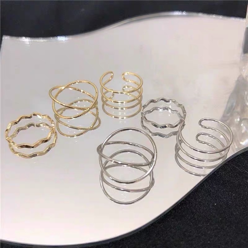 YEEZII 3pcs / Set Cincin Model Terbuka Desain Silang Ganda Tidak Teratur Adjustable Warna Silver Untuk Wanita