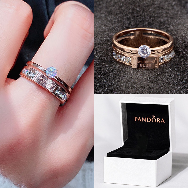 Pandora Cincin Wanita Bahan Titanium Steel 14K Rose Gold Hias Cubic Zirconia Untuk Pernikahan