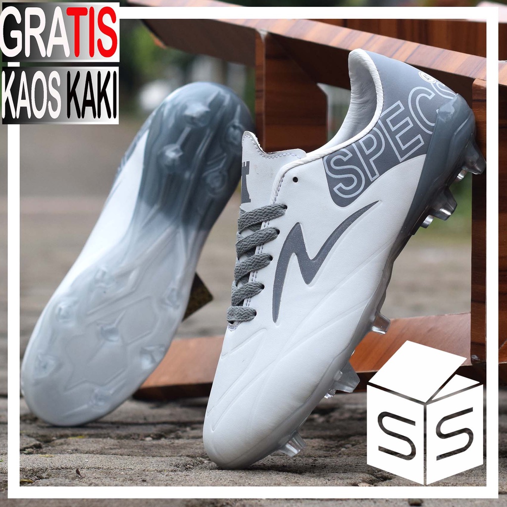 Sepatu Bola Specs Estadio Raider Made In Indo Grade Ori In Grey-White-ESTB White+Kaos Kaki