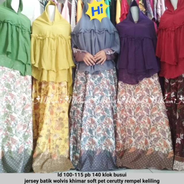 PP Set Gamis Menyusui Katun Batik Cantik Tangan Jersey Khimar Ceruty Kriwil Keliling Layer Syari