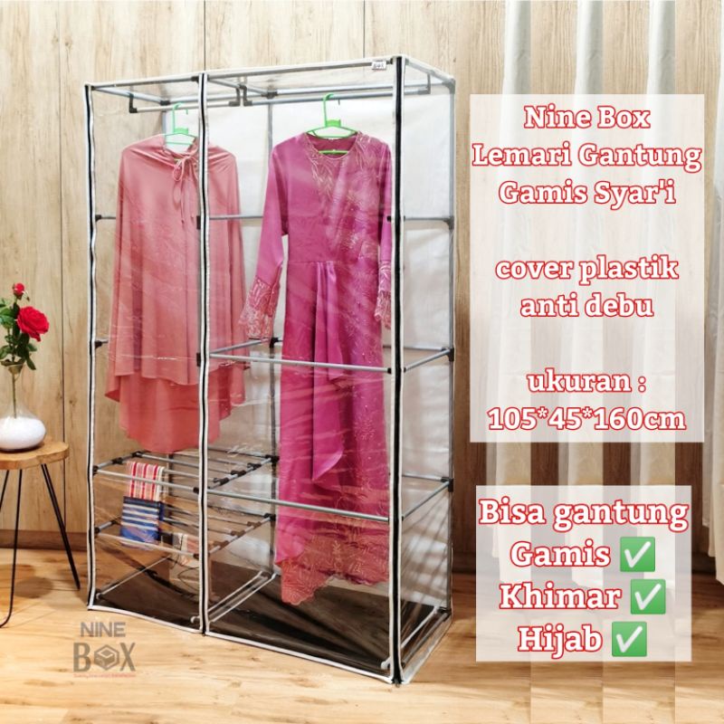 NINE BOX RAK LEMARI GANTUNG GAMIS SYARI DAN HIJAB DENGAN SARUNG COVER PLASTIK ANTI DEBU DAN AIR