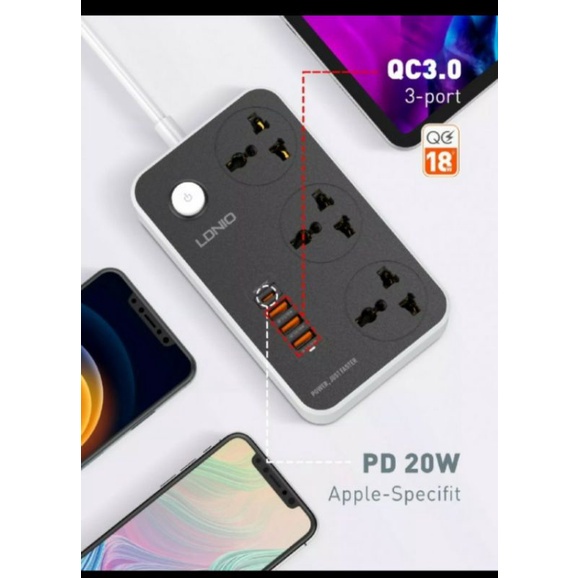 TERMINAL LDNIO SC3412 3 SOKET POWER 3 USB 20W PD3.0 QUALCOMM 3.0 FAST CHARGING COLOKAN
