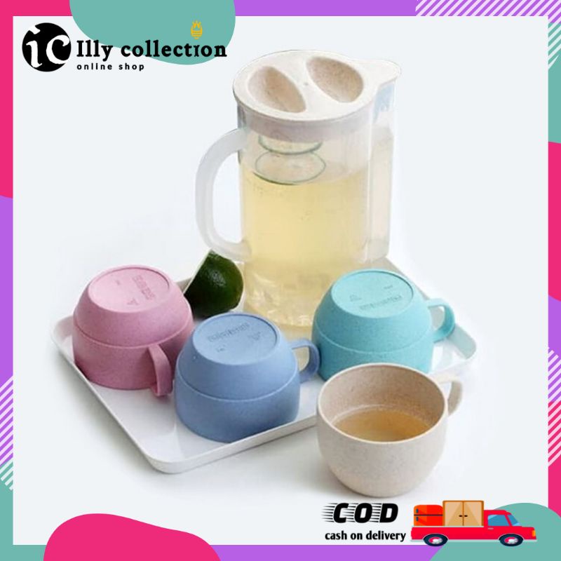 Mug Jerami Gandum Set 5 in 1 Teko Dengan Cangkir