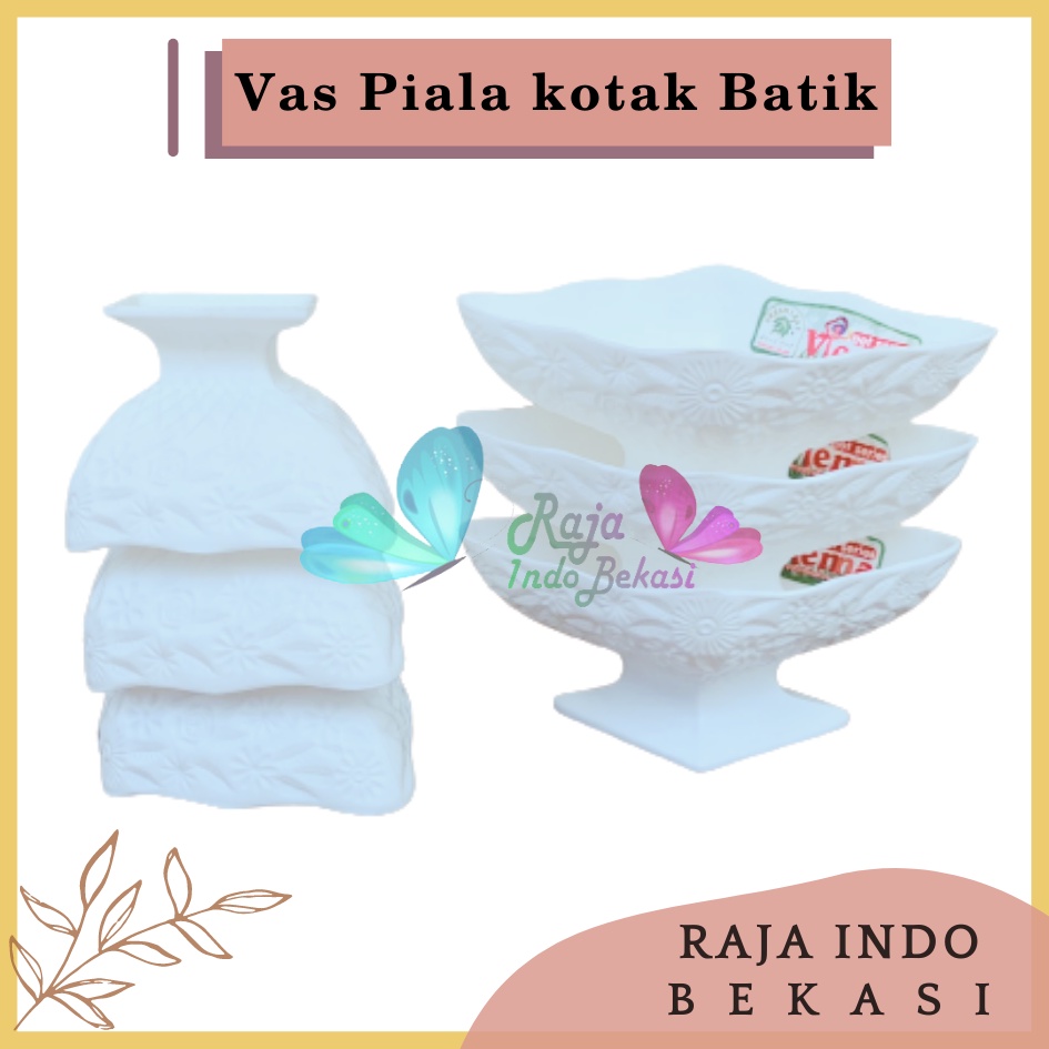 Vas Piala Kotak Batik Putih Pot Piala Plastik Bunga Plastik Dekorasi Vas Bunga Aesthetic Plastik Keramik - Pot bunga tanaman piala hias interior motif WAJIK putih - GREEN LEAF 622