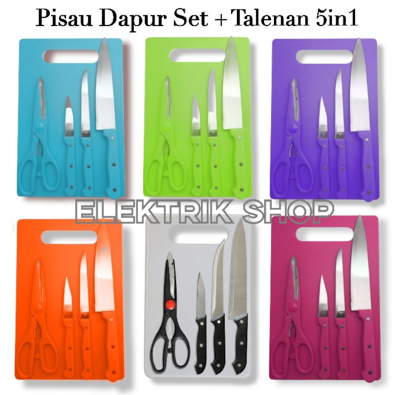 Pisau Set Dapur Talenan 5in1 / Pisau Dapur + Talenan Set 5in1