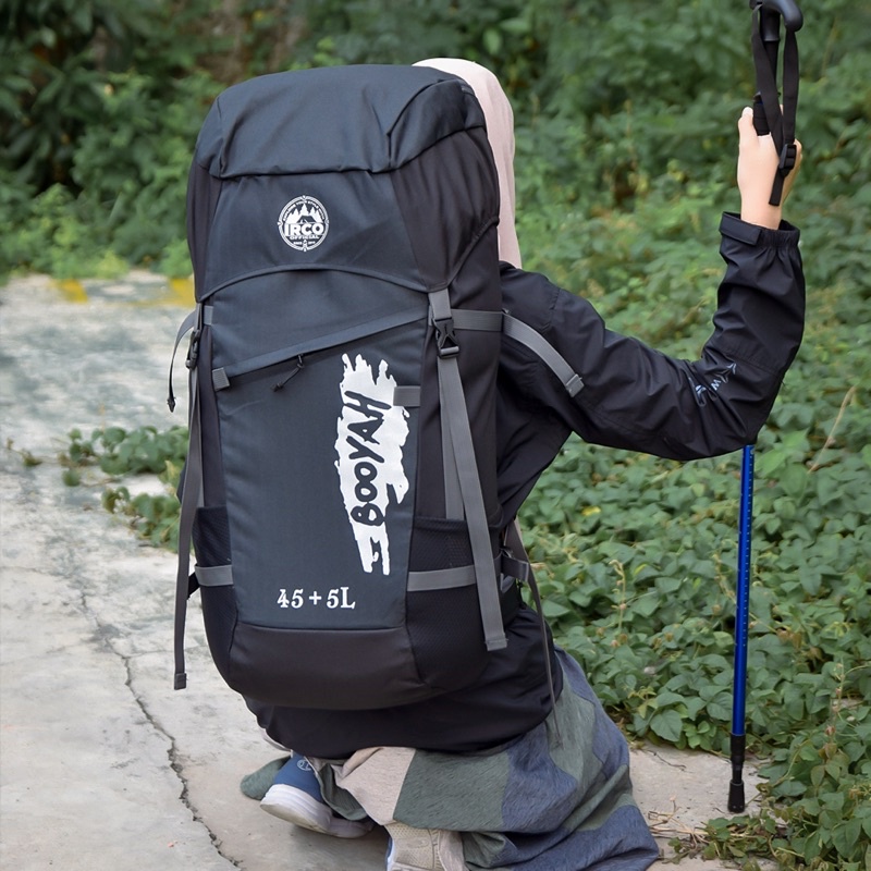 Tas Ransel Carrier Gunung Outdoor Hiking 45 Liter Pria dan Wanita Free Rain Cover - Irco Booyah Hitam